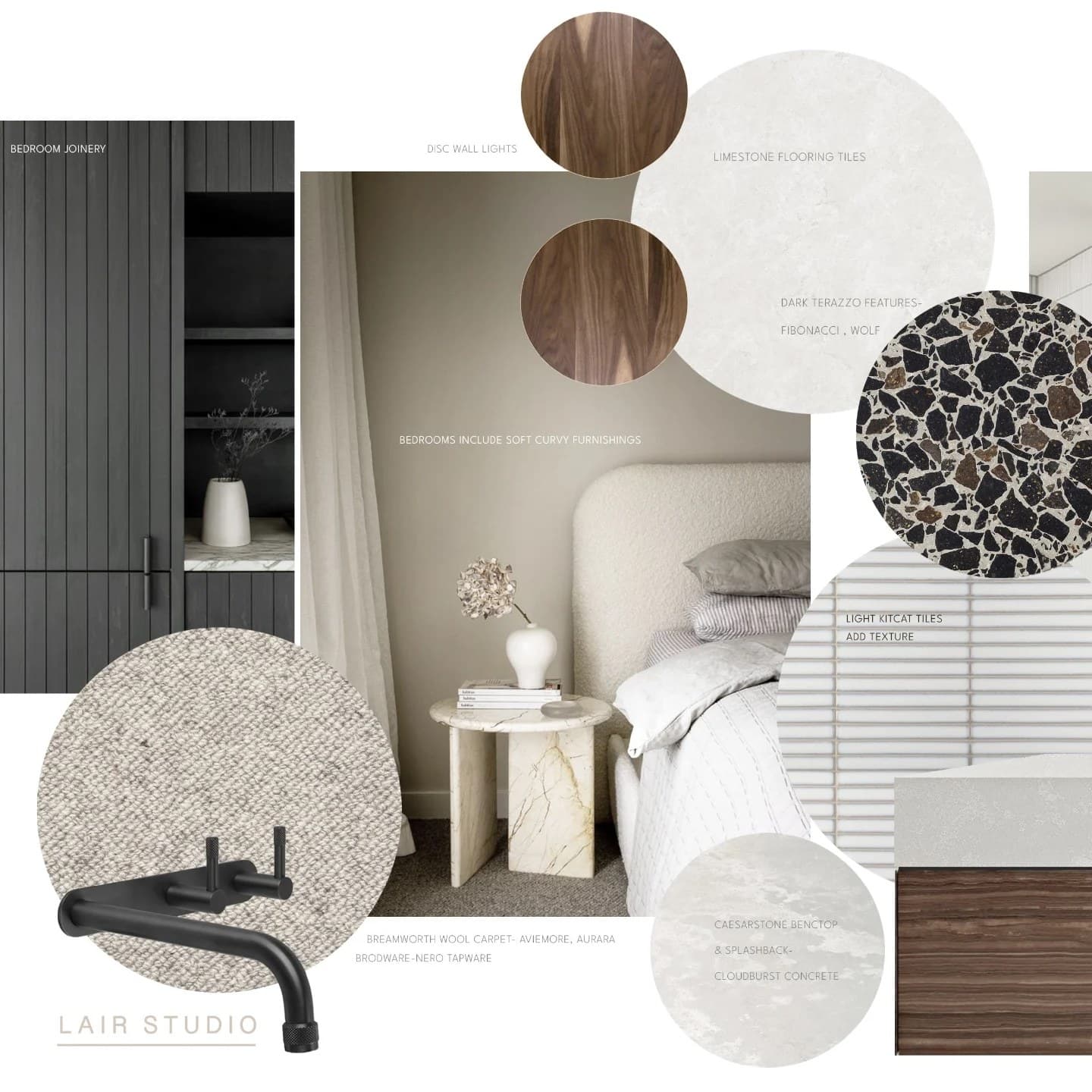 Material board for the Blue Bay bedrooms: dark fluted joinery, walnut, terrazzo, wool carpet and a cream bouclé bedhead