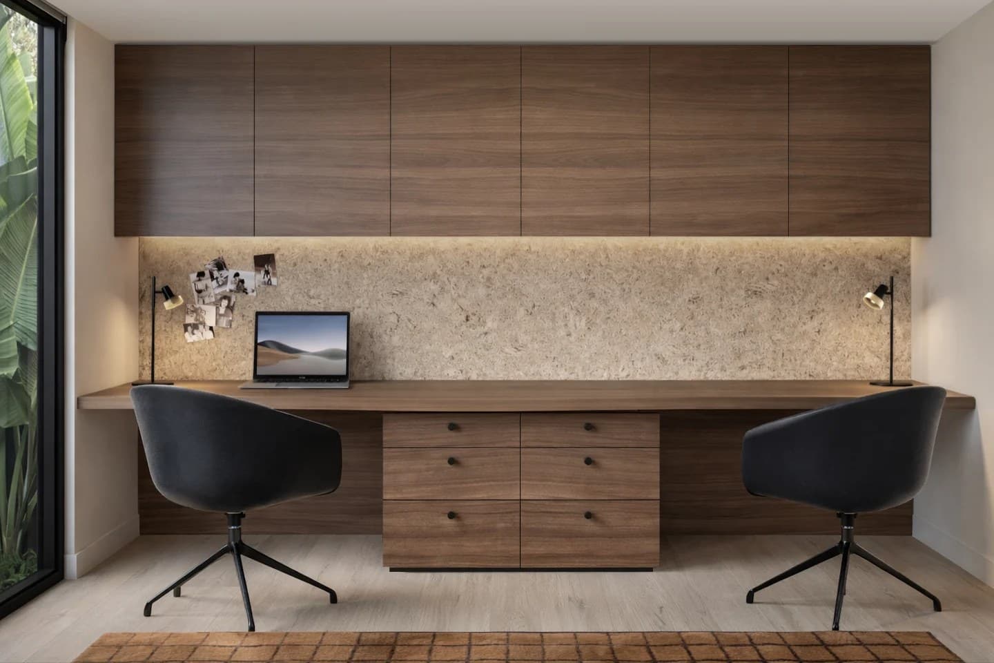 Home office with full-width walnut joinery, a cork pinboard splashback, a long timber desk and two black chairs