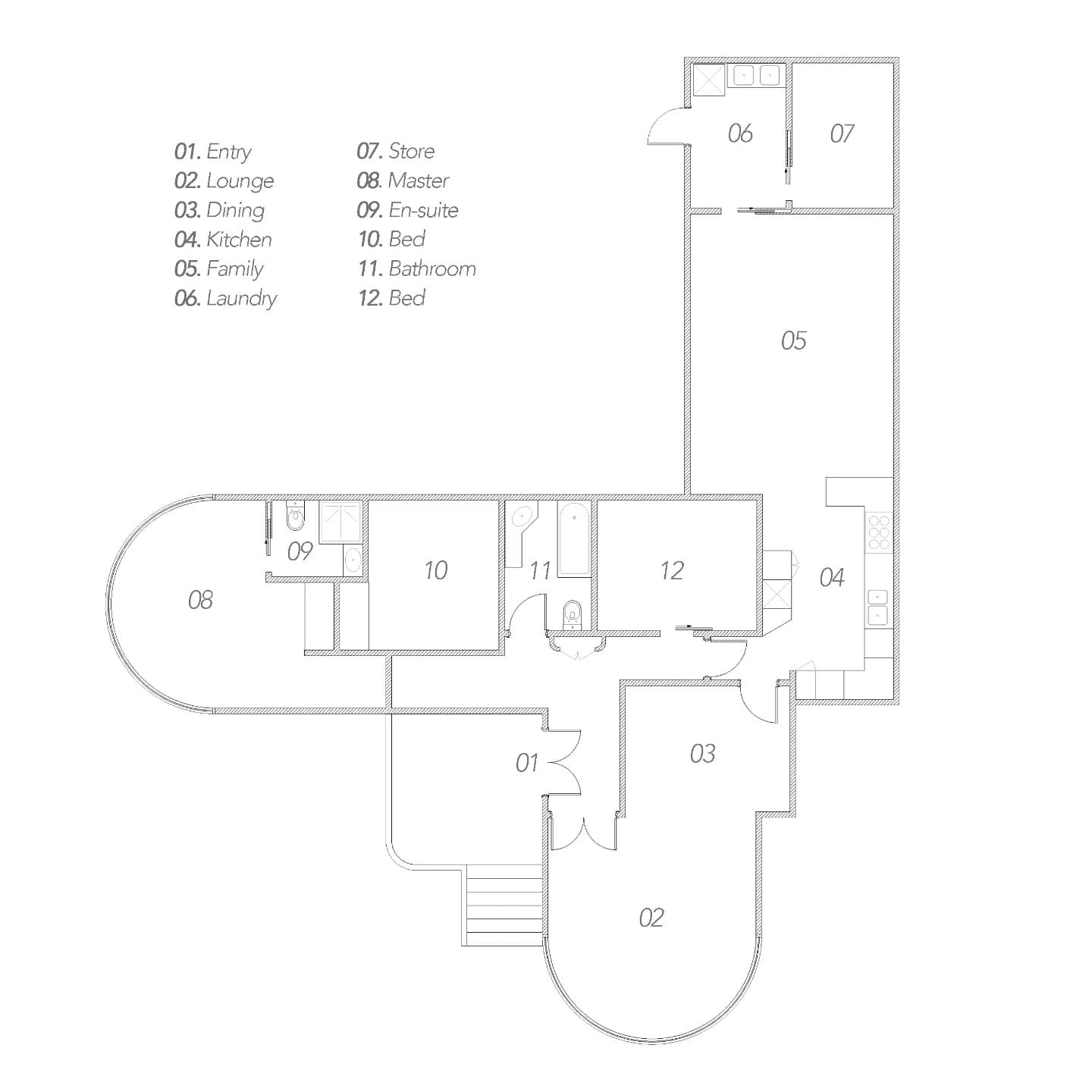 Floor plan of the reworked 1930s Freshwater home, with twelve numbered rooms