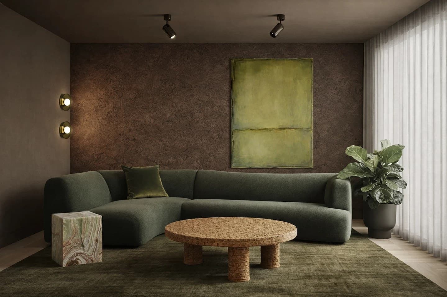 Garden studio with a cork wall, a curved green sofa, a woven rattan coffee table, an onyx side table and a lime green canvas
