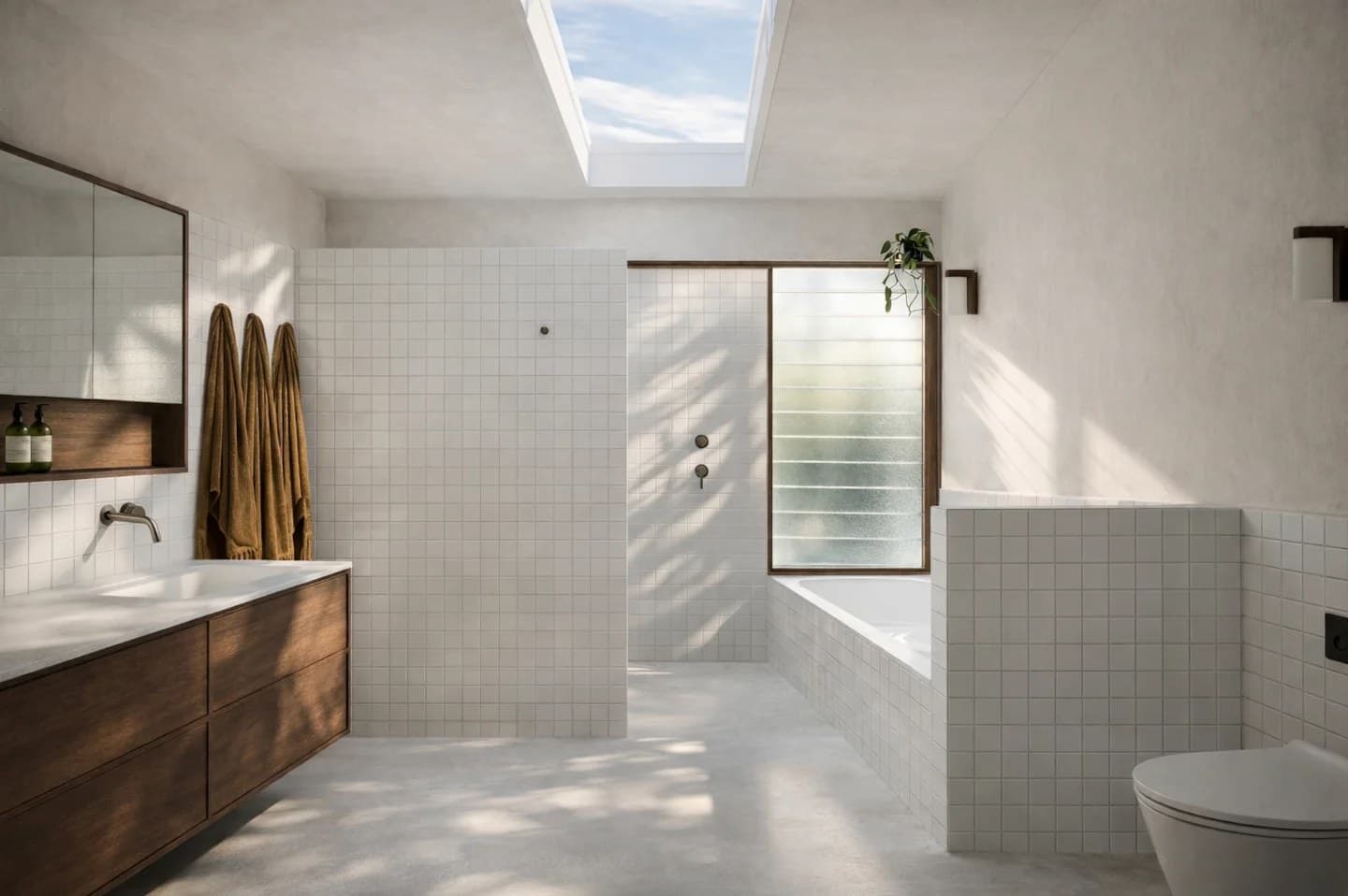 Bathroom in a 1970s home with square matte tiles, a walnut vanity, a built-in bath and a skylight