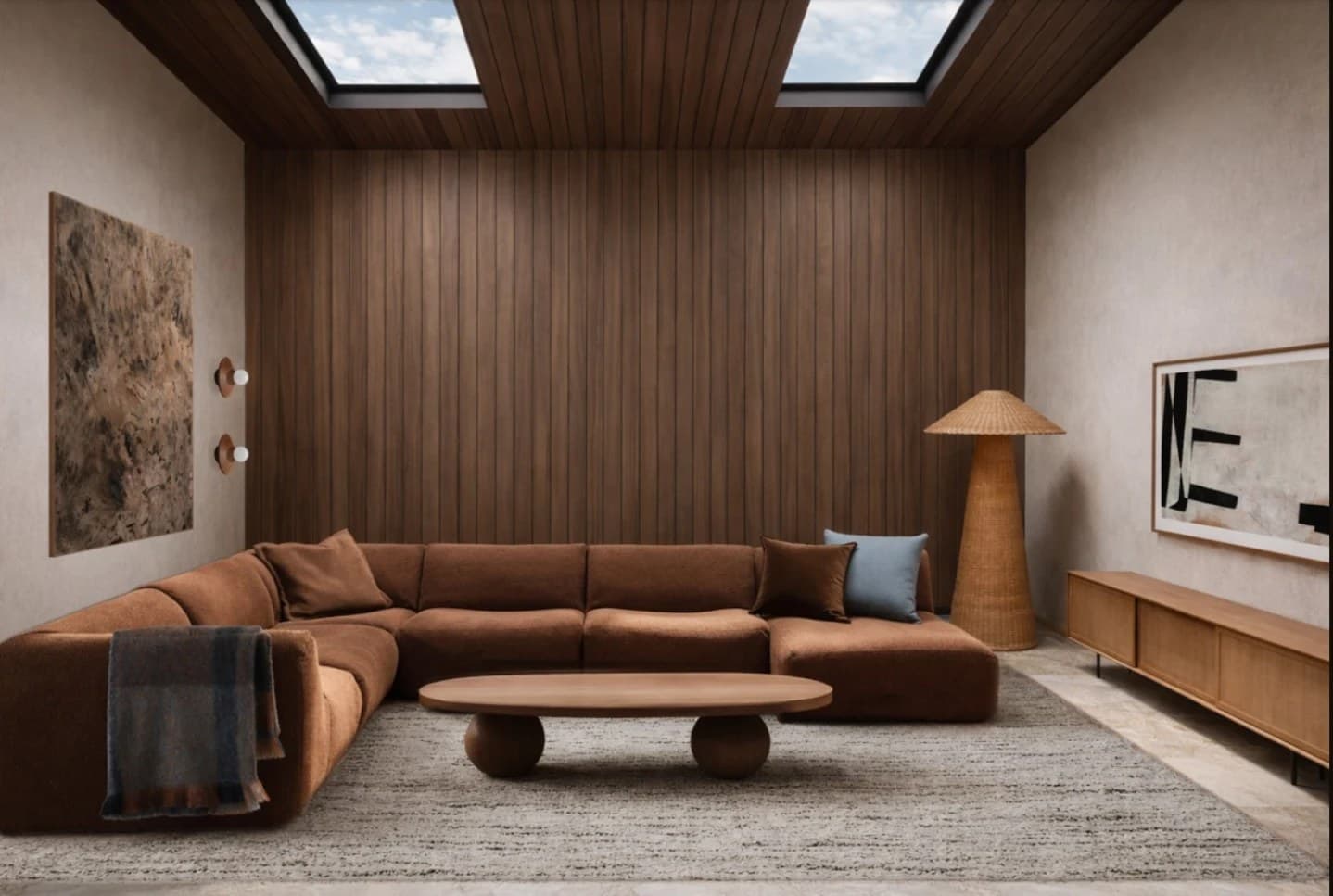 Media room lined in timber panelling with two skylights, a low rust-coloured modular sofa and a timber coffee table